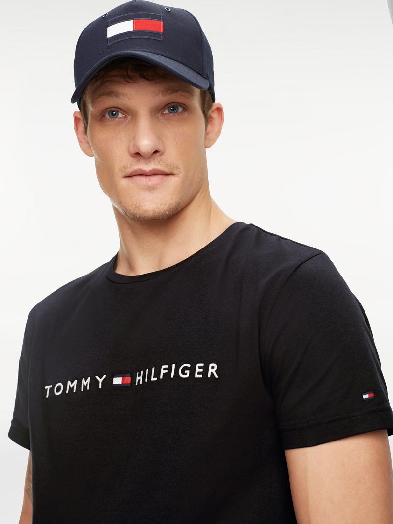 Férfi Tommy Hilfiger Organic Pamut Logo Póló Fekete | HU 845MQZ